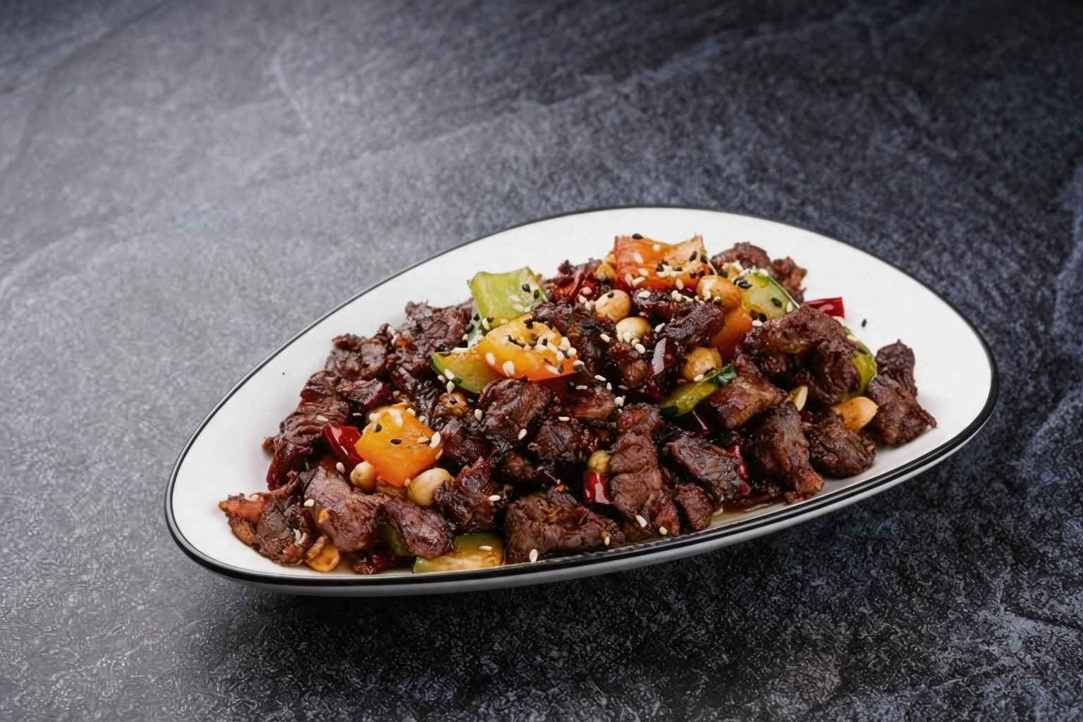 Spiced Tibetan-style stir-fried beef, peppers and peanuts