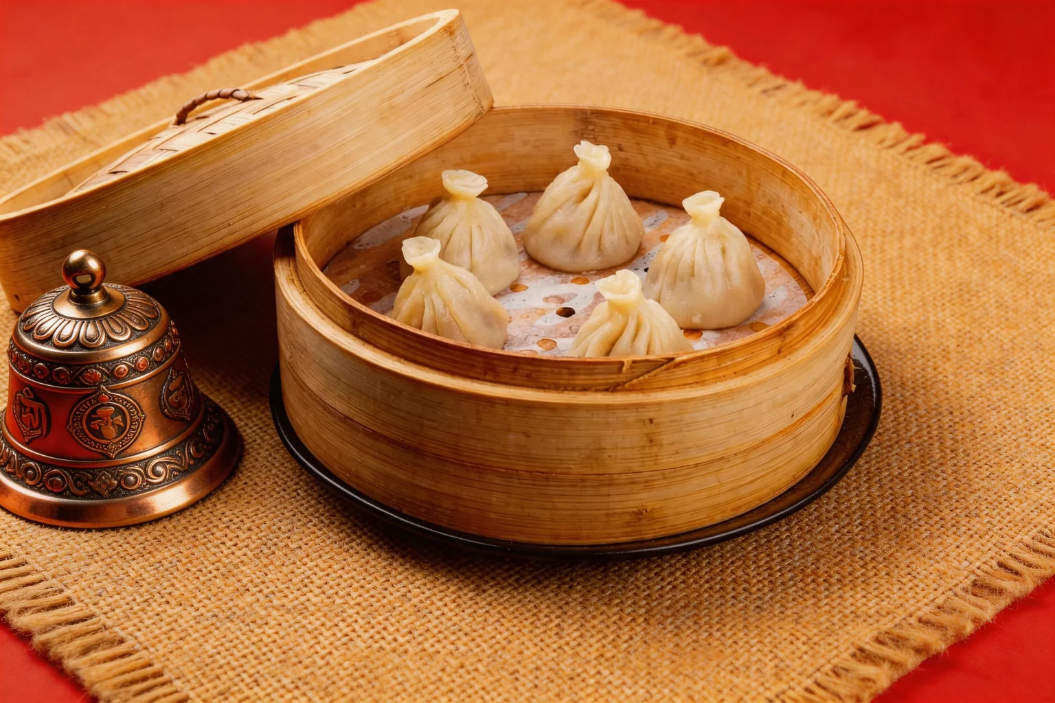 Steamed momos in a bamboo basket, Tibetan bells alongside