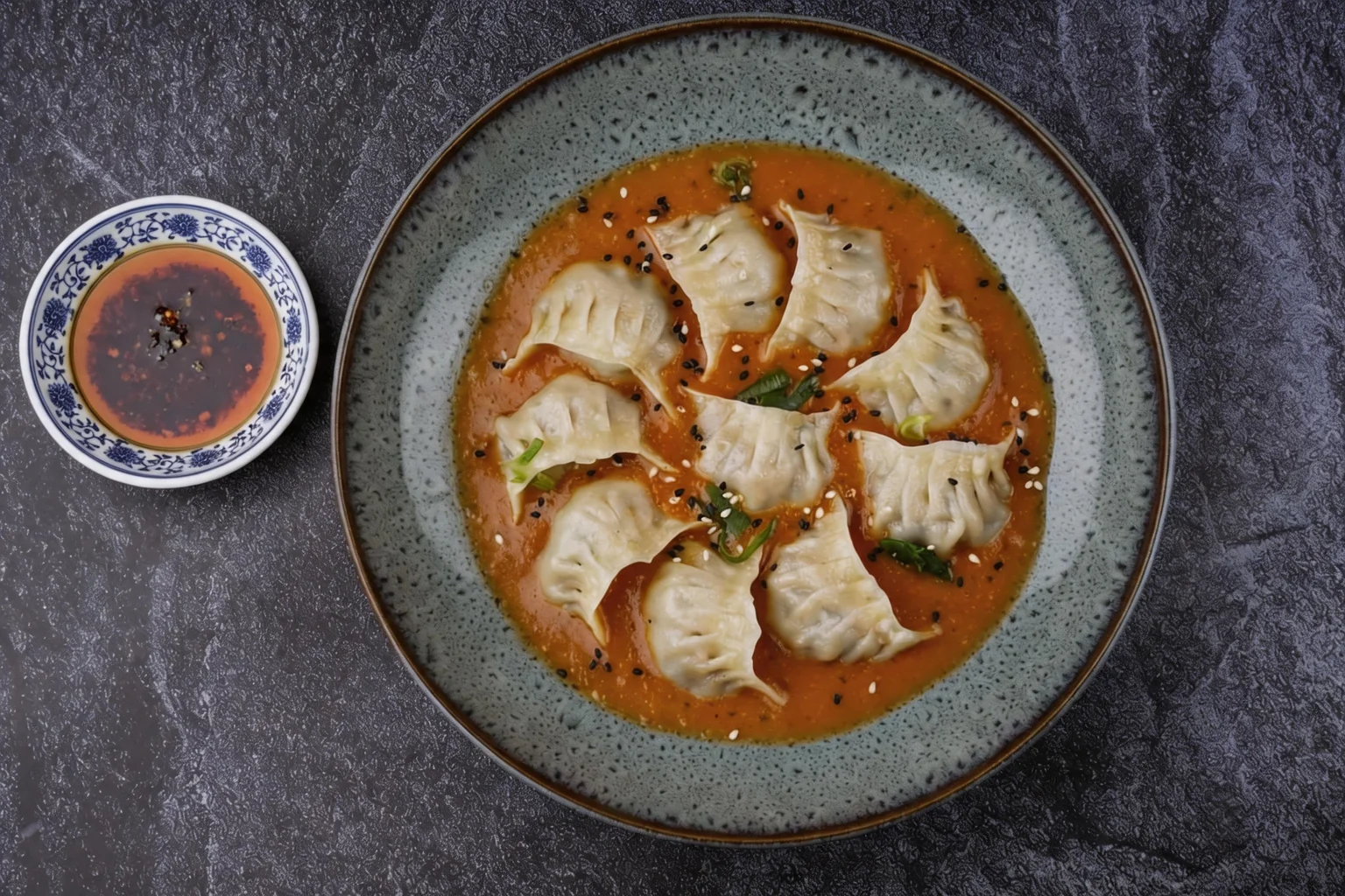 Momos in a spiced sauce with sesame and spring onion, on a blue-grey plate