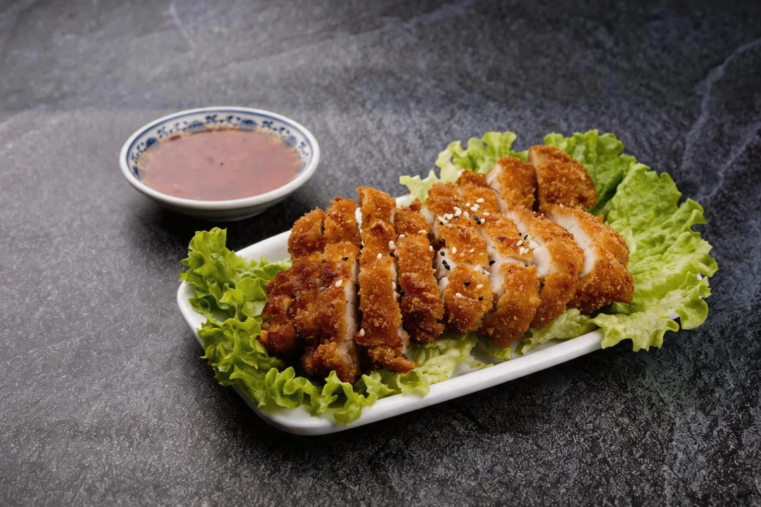 Sliced crispy chicken on a bed of lettuce, sauce on the side