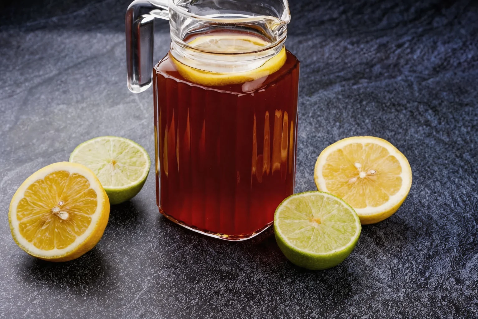 Jug of homemade iced tea surrounded by lemons and limes